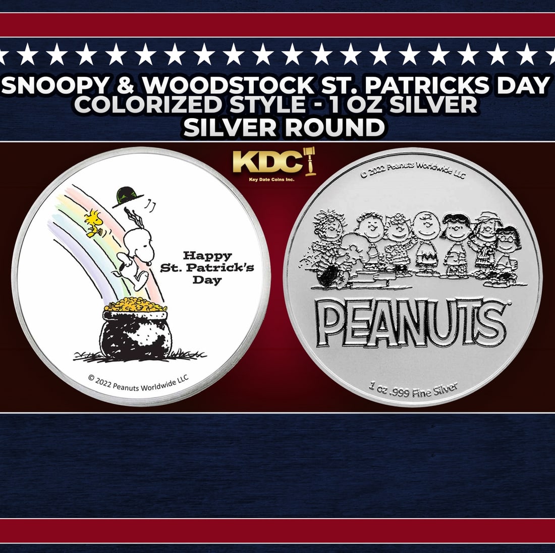 Snoopy & Woodstock St. Patricks Day Colorized Style - 1 oz Silver Round Round: Snoopy & Woodstock St. Patricks Day Colorized Style - 1 oz Silver Round. Now you can collect all of the classic Peanuts characters on these officially licensed silver rounds! Contains 1oz of .999 Fine