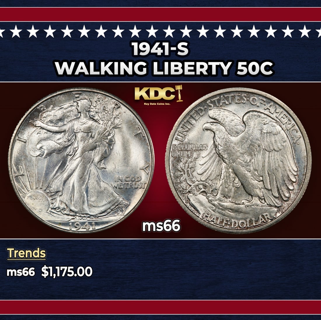 1941-s Walking Liberty Half Dollar 50c ms66 SEGS: 1941-s Walking Liberty Half Dollar 50c ms66 SEGS. Historic precious metal trends is causing increased spot pricing by the day. On auctions with set openings, we are doing our best to have items priced