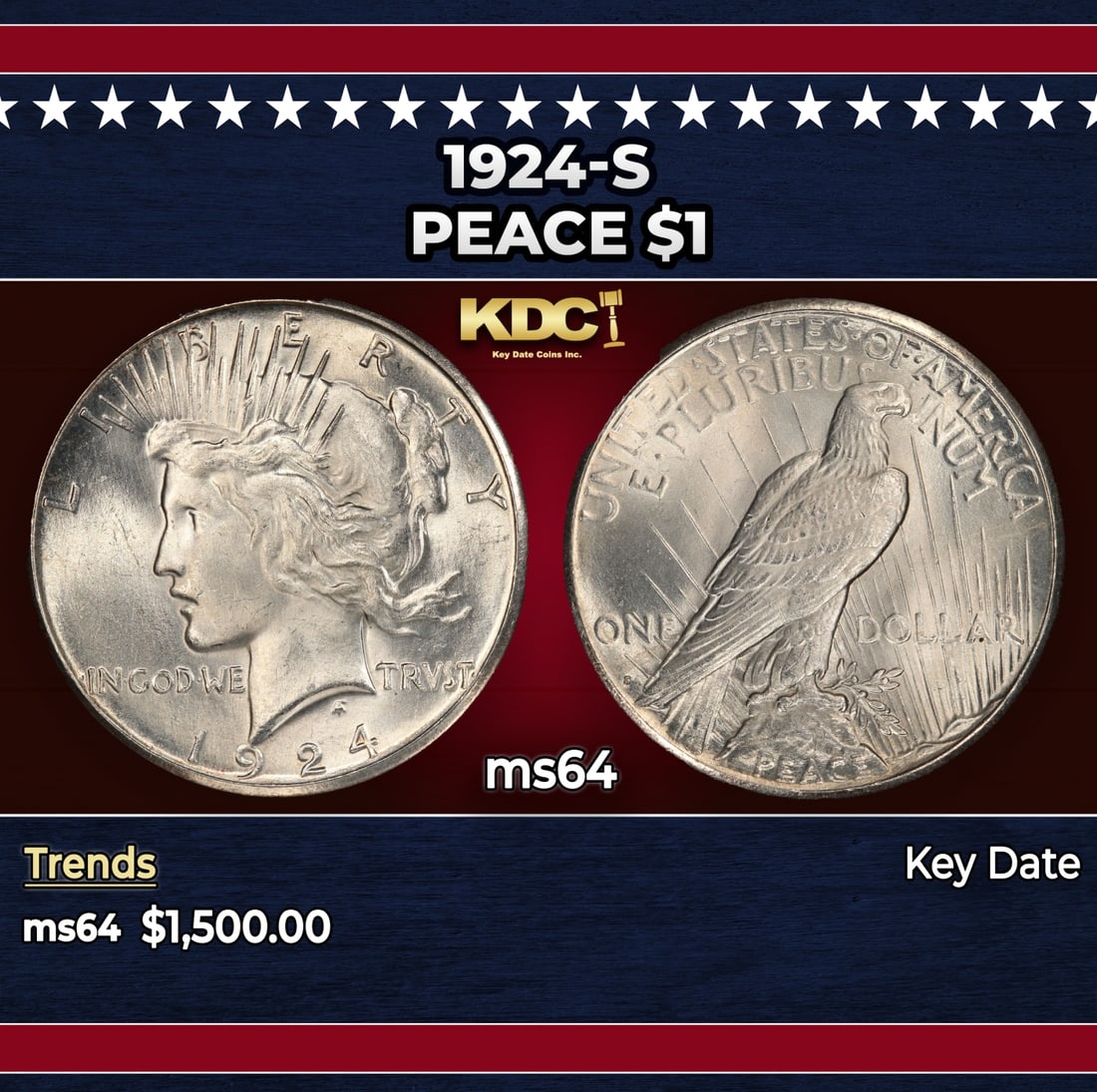 1924-s Peace Dollar $1 ms64 SEGS: 1924-s Peace Dollar $1 ms64 SEGS. Historic precious metal trends is causing increased spot pricing by the day. On auctions with set openings, we are doing our best to have items priced at their market