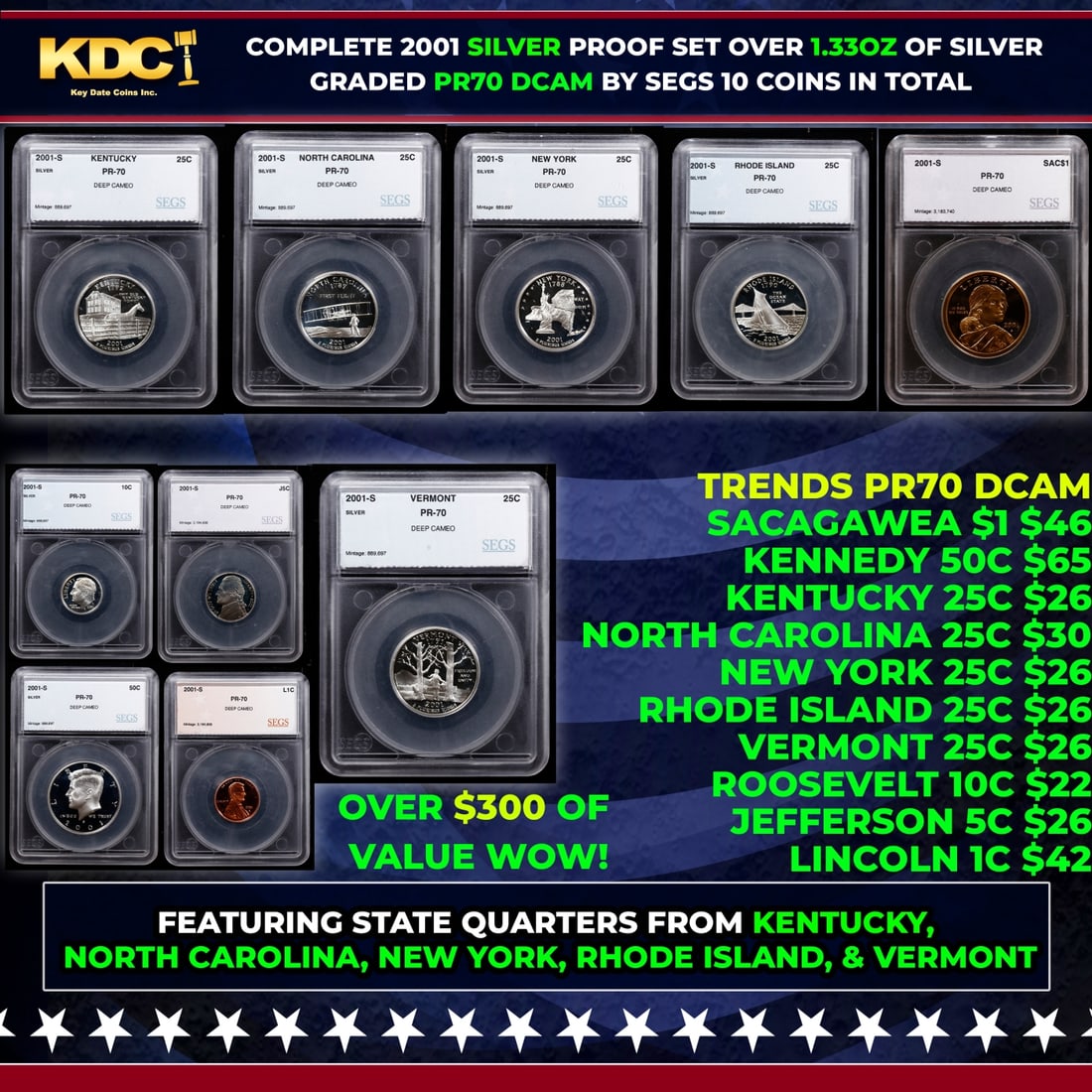 2001 US Silver Proof Set Graded pr70 DCAM By SEGS about 1.5 oz of pure silver 10 Coins: 2001 US Silver Proof Set Graded pr70 DCAM By SEGS about 1.5 oz of pure silver 10 Coins. Historic precious metal trends is causing increased spot pricing by the day. On auctions with set openings, we a