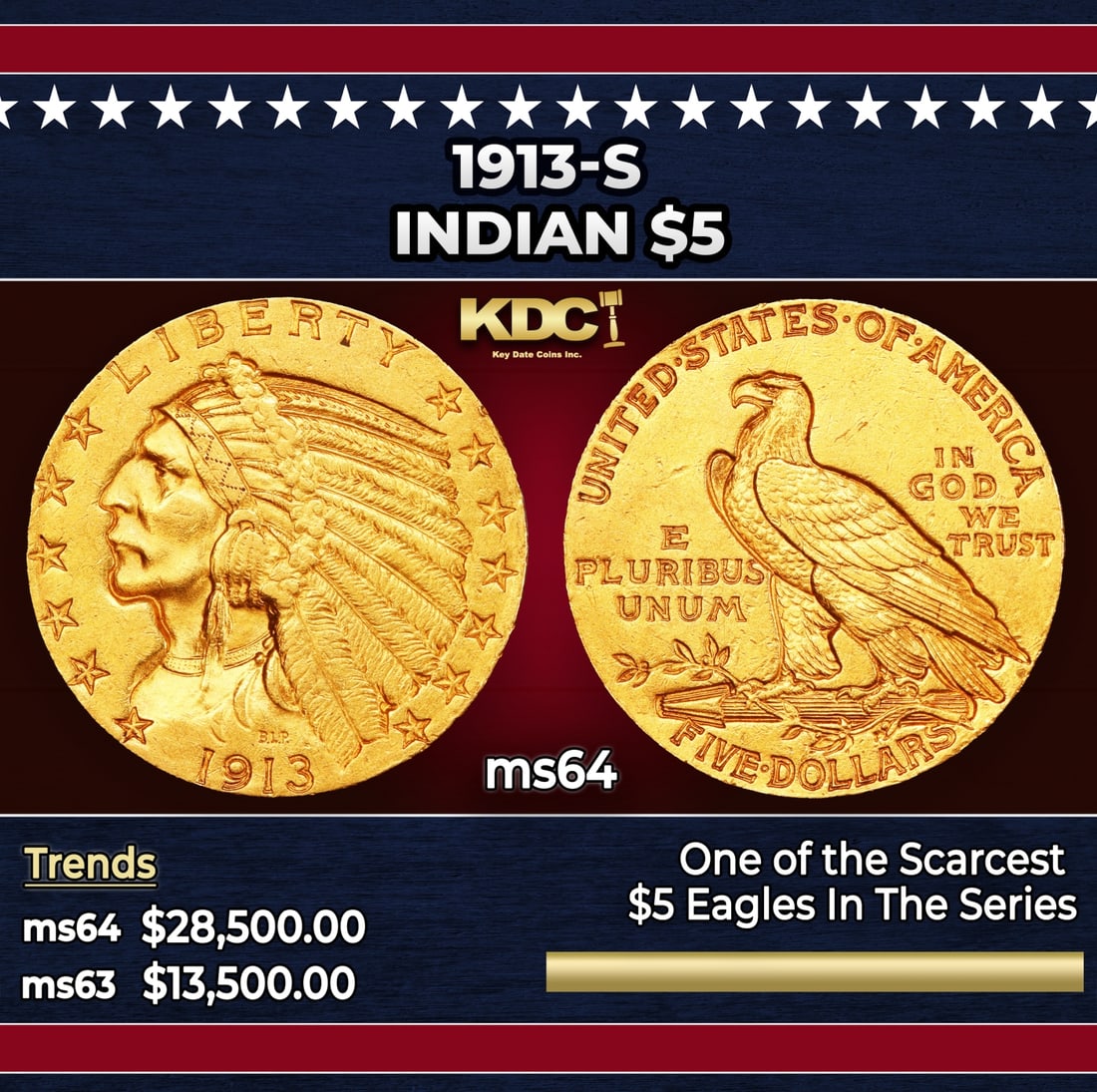 1913-s Gold Indian Half Eagle $5 ms64 USCG: 1913-s Gold Indian Half Eagle $5 ms64 USCG. The 1913 Indian $5 is a tremendous condition rarity, with pieces readily available in lower Mint State but increasingly unavailable approaching Gem. While n