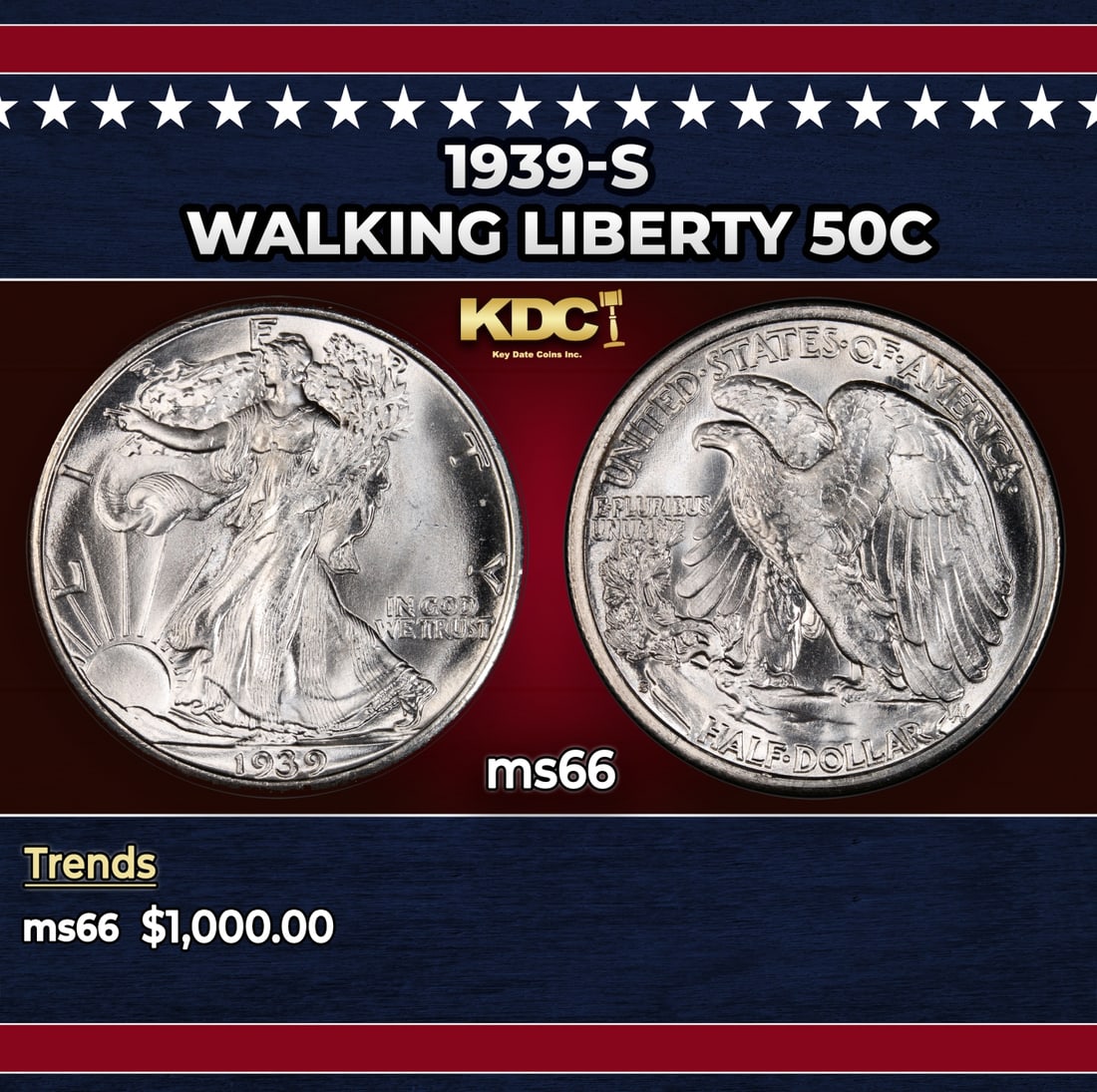 1939-s Walking Liberty Half Dollar 50c ms66 SEGS: 1939-s Walking Liberty Half Dollar 50c ms66 SEGS. Historic precious metal trends is causing increased spot pricing by the day. On auctions with set openings, we are doing our best to have items priced