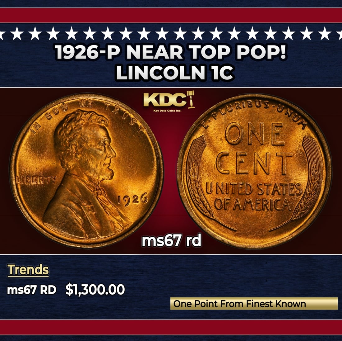1926-p Lincoln Cent Near Top Pop! 1c ms67 rd SEGS: 1926-p Near Top Pop! Lincoln Cent 1c ms67 rd SEGS. Historic precious metal trends is causing increased spot pricing by the day. On auctions with set openings, we are doing our best to have items price