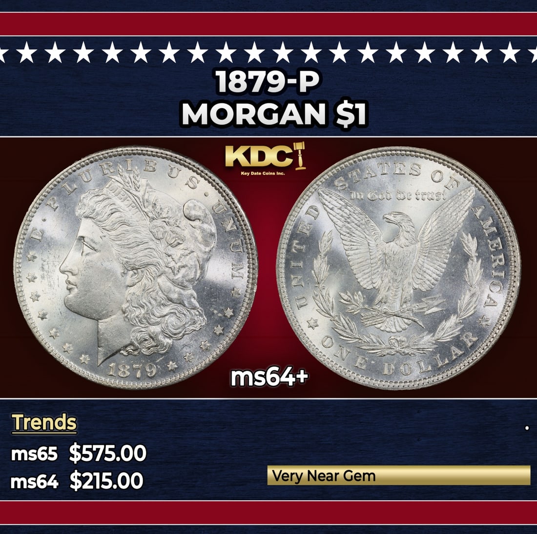 1879-p Morgan Dollar $1 Grades ms64+: 1879-p Morgan Dollar $1 Grades ms64+. Historic precious metal trends is causing increased spot pricing by the day. On auctions with set openings, we are doing our best to have items priced at their ma