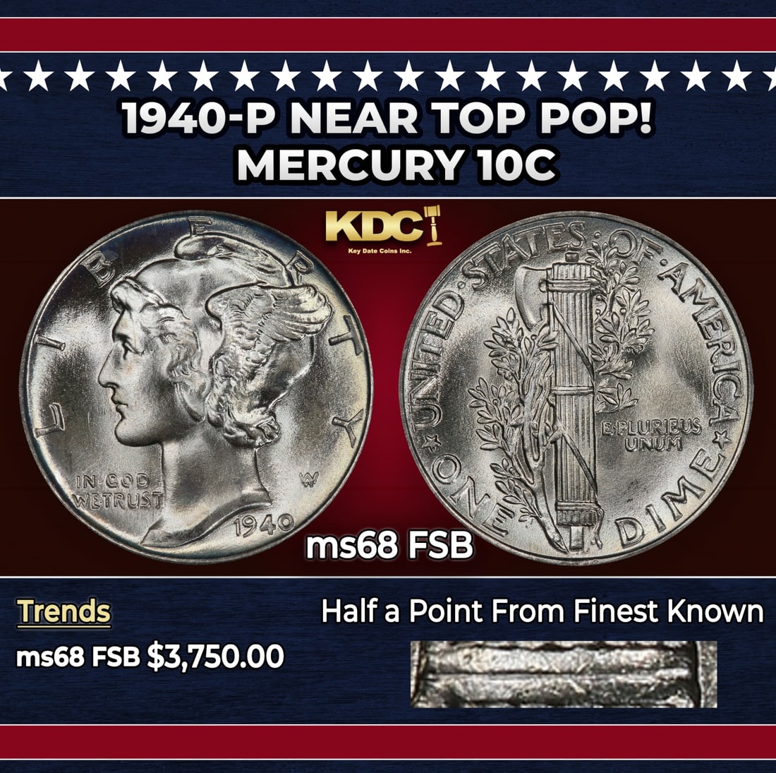 1940-p Mercury Dime Near Top Pop! 10c ms68 FSB SEGS: 1940-p Near Top Pop! Mercury Dime 10c ms68 FSB SEGS. Historic precious metal trends is causing increased spot pricing by the day. On auctions with set openings, we are doing our best to have items pri