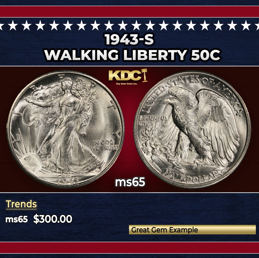 1943-s Walking Liberty Half Dollar 50c Grades ms65: 1943-s Walking Liberty Half Dollar 50c Grades ms65. Historic precious metal trends is causing increased spot pricing by the day. On auctions with set openings, we are doing our best to have items pric