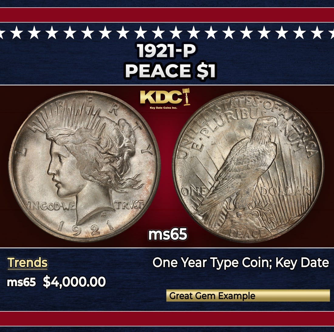 1921-p Peace Dollar $1 ms65 SEGS: 1921-p Peace Dollar $1 ms65 SEGS. Historic precious metal trends is causing increased spot pricing by the day. On auctions with set openings, we are doing our best to have items priced at their market