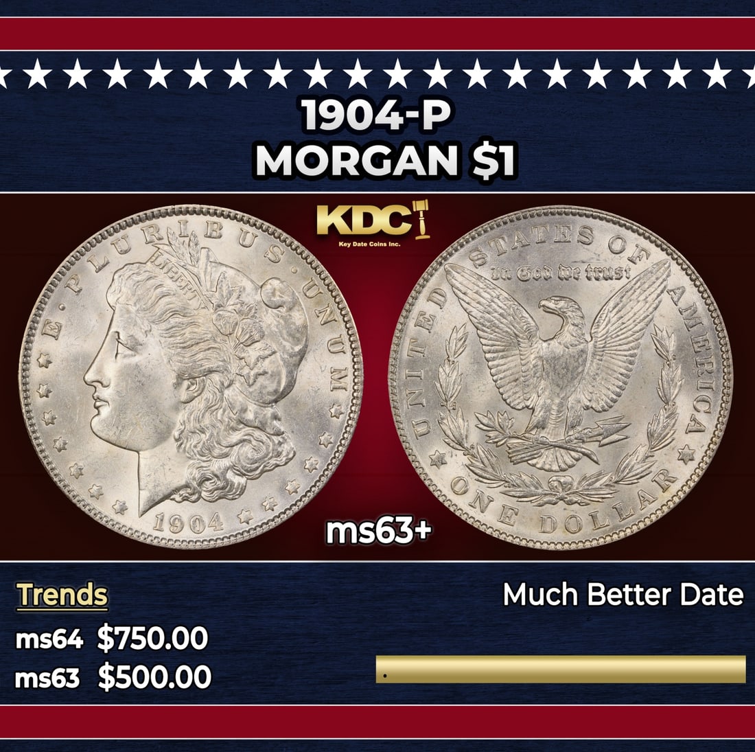 1904-p Morgan Dollar $1 Grades ms63+: 1904-p Morgan Dollar $1 Grades ms63+. Historic precious metal trends is causing increased spot pricing by the day. On auctions with set openings, we are doing our best to have items priced at their ma