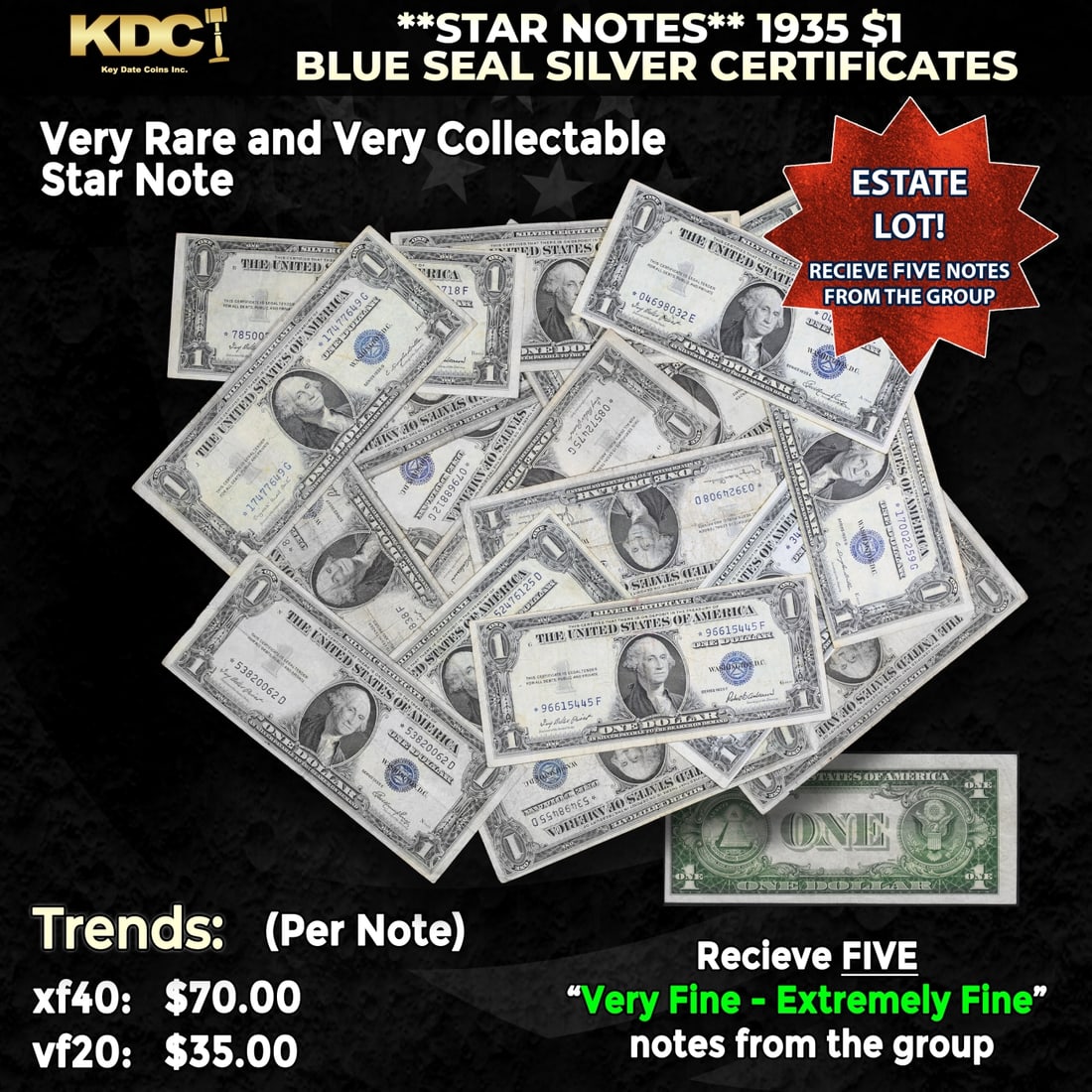 5x **STAR NOTES** 1935 $1 Blue Seal Silver Certificates Grades VF/XF: 5x **STAR NOTES** 1935 $1 Blue Seal Silver Certificates Grades VF/XF. When notes are discovered that have been printed incorrectly (such as having the serial numbers upside down, etc.) the misprinted
