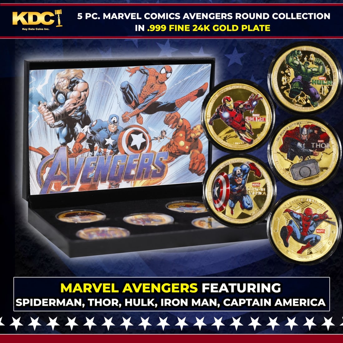 5 Coin Marvel Comics Avengers Gold Plated Round Collection Spider-Man, Hulk, Captain America, Thor,: 5 Coin Marvel Comics Avengers Gold Plated Round Collection Spider-Man, Hulk, Captain America, Thor, Iron Man. Please Note All Backer Cards may have slight differences but will be very similar if not i