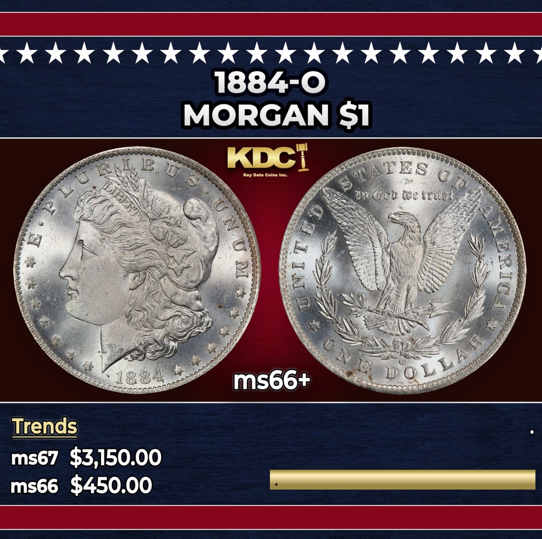1884-o Morgan Dollar $1 ms66+ SEGS: 1884-o Morgan Dollar $1 ms66+ SEGS. Historic precious metal trends is causing increased spot pricing by the day. On auctions with set openings, we are doing our best to have items priced at their mark