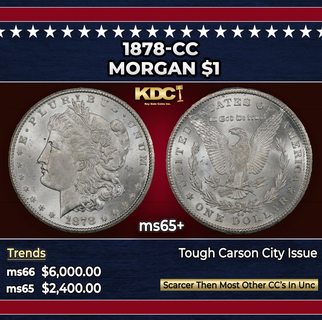 1878-cc Morgan Dollar $1 ms65+ SEGS: 1878-cc Morgan Dollar $1 ms65+ SEGS. Historic precious metal trends is causing increased spot pricing by the day. On auctions with set openings, we are doing our best to have items priced at their mar