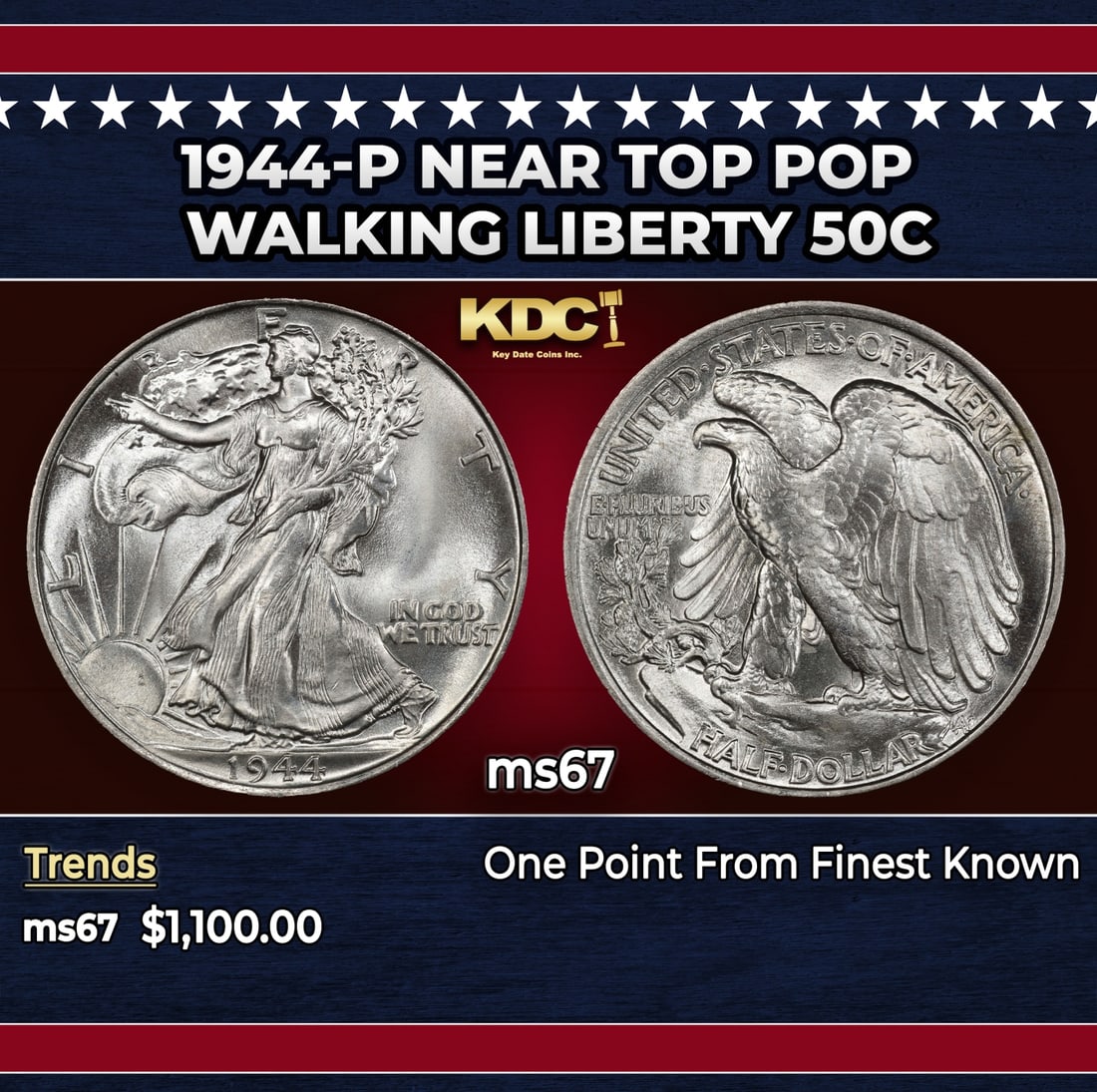 1944-p Walking Liberty Half Dollar Near Top Pop 50c ms67 SEGS: 1944-p Near Top Pop Walking Liberty Half Dollar 50c ms67 SEGS. Historic precious metal trends is causing increased spot pricing by the day. On auctions with set openings, we are doing our best to have