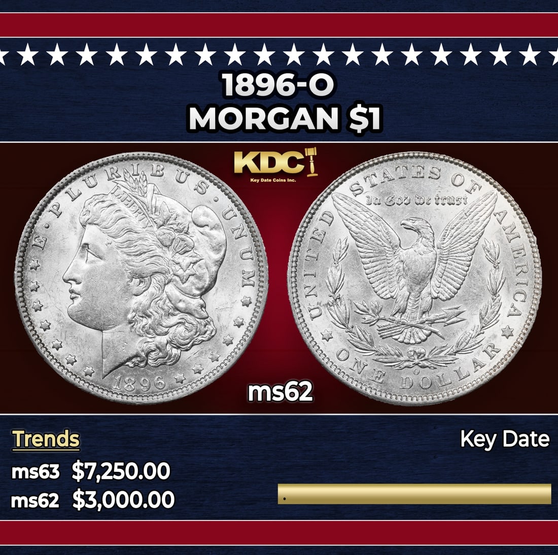 1896-o Morgan Dollar $1 ms62 USCG: 1896-o Morgan Dollar $1 ms62 USCG. Historic precious metal trends is causing increased spot pricing by the day. On auctions with set openings, we are doing our best to have items priced at their marke