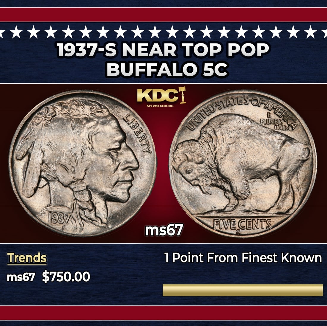 1937-s Buffalo Nickel Near Top Pop 5c ms67 SEGS: 1937-s Near Top Pop Buffalo Nickel 5c ms67 SEGS. Historic precious metal trends is causing increased spot pricing by the day. On auctions with set openings, we are doing our best to have items priced
