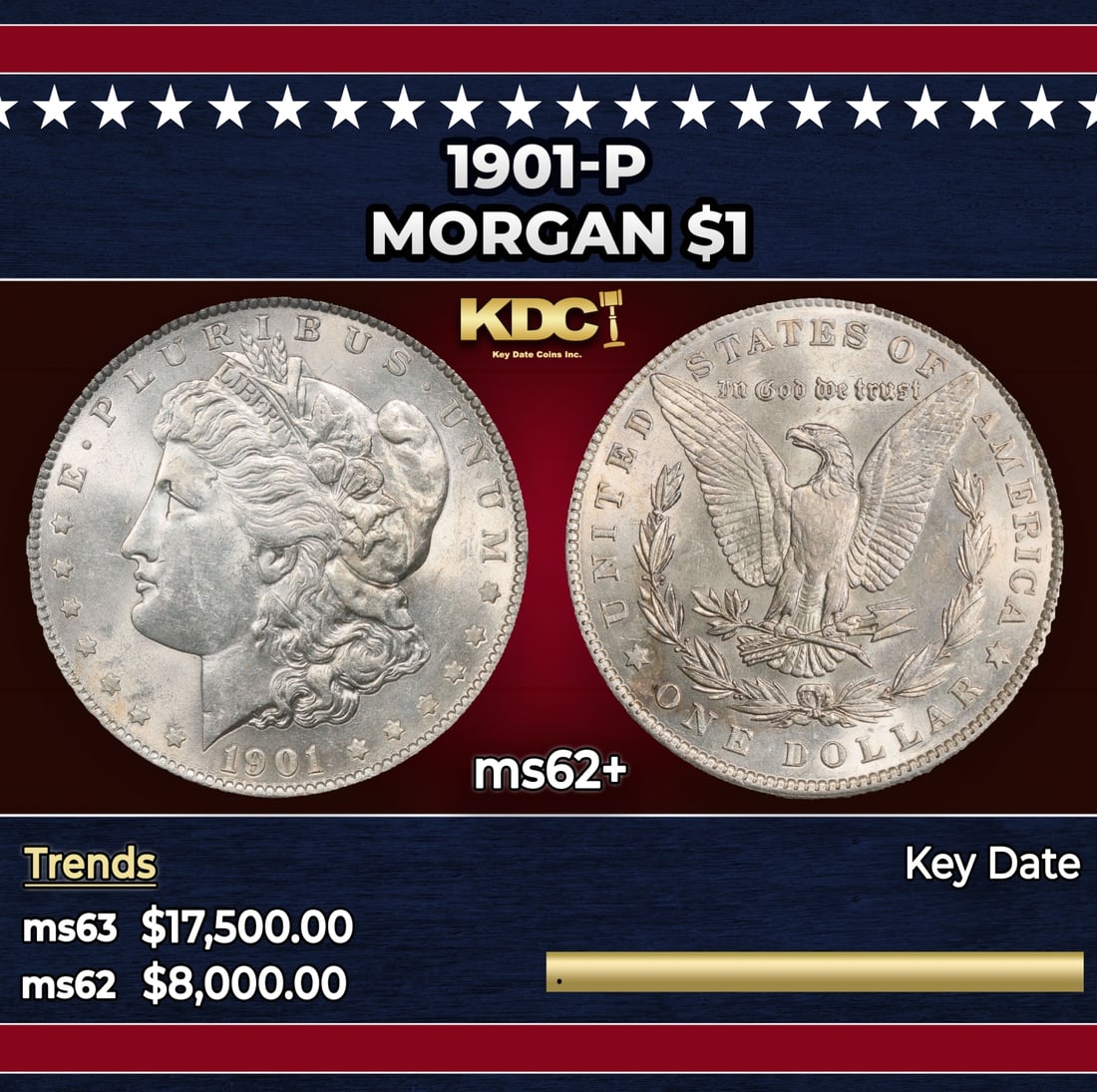 1901-p Morgan Dollar $1 ms62+ USCG: 1901-p Morgan Dollar $1 ms62+ USCG. Historic precious metal trends is causing increased spot pricing by the day. On auctions with set openings, we are doing our best to have items priced at their mark