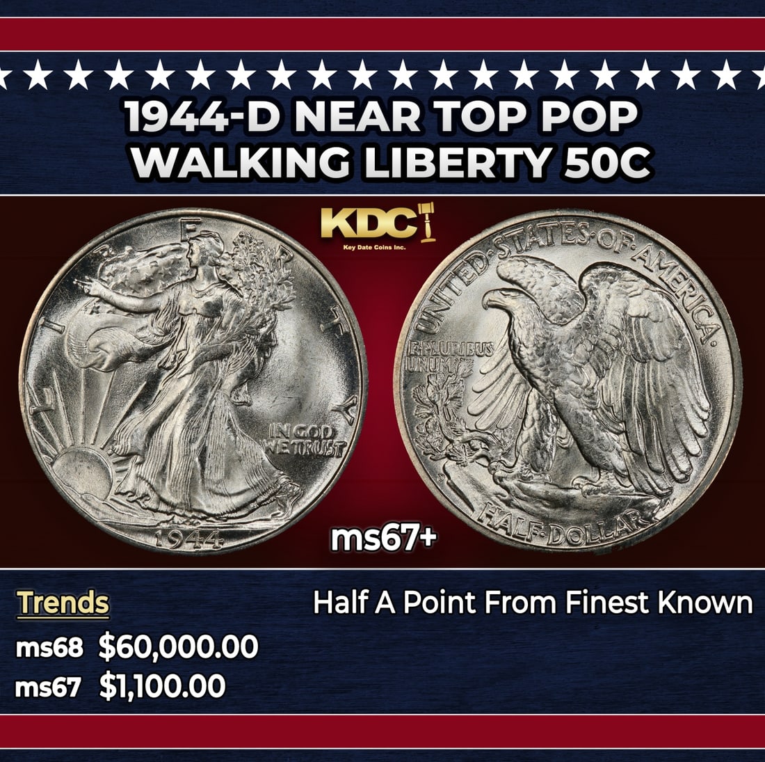 1944-d Walking Liberty Half Dollar Near Top Pop 50c ms67+ SEGS: 1944-d Near Top Pop Walking Liberty Half Dollar 50c ms67+ SEGS. Historic precious metal trends is causing increased spot pricing by the day. On auctions with set openings, we are doing our best to hav