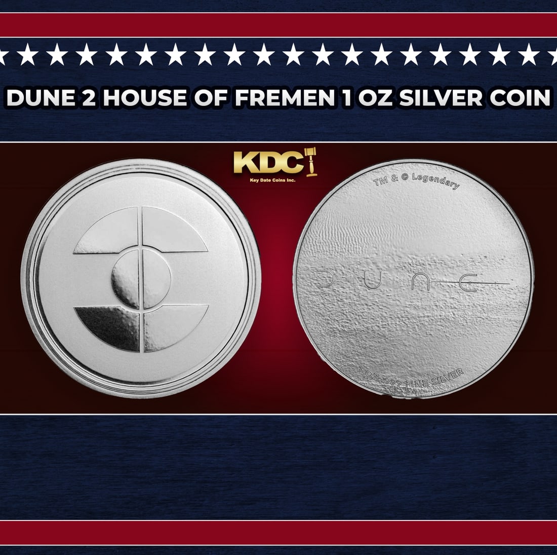 Dune 2 House of Fremen 1 oz Silver Coin Round: Dune 2 House of Fremen 1 oz Silver Coin. Officially licensed by Legendary Entertainment. This exclusive collection marks the 2024 release of the sequel motion picture DUNE 2. Contains 1 oz of .999 fin