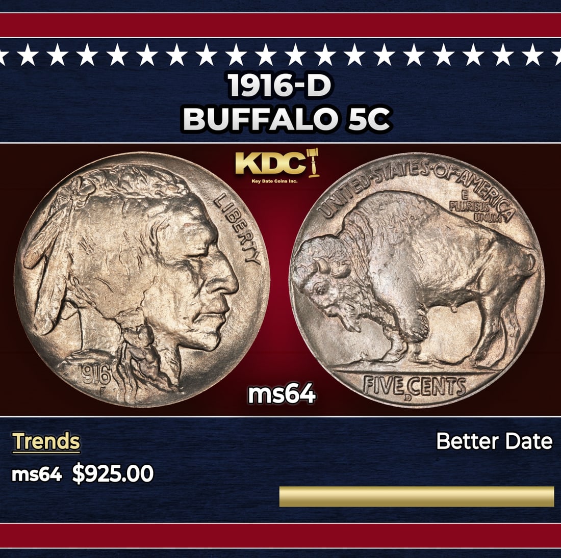 1916-d Buffalo Nickel 5c Grades ms64: 1916-d Buffalo Nickel 5c Grades ms64. Historic precious metal trends is causing increased spot pricing by the day. On auctions with set openings, we are doing our best to have items priced at their ma