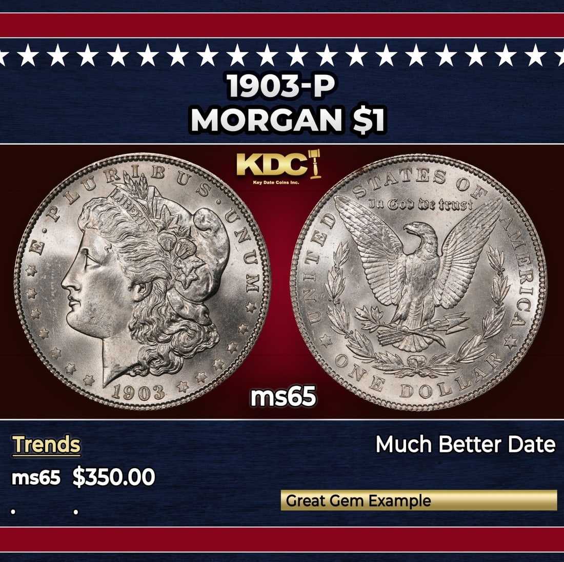 1903-p Morgan Dollar $1 Grades ms65: 1903-p Morgan Dollar $1 Grades ms65. Historic precious metal trends is causing increased spot pricing by the day. On auctions with set openings, we are doing our best to have items priced at their mar