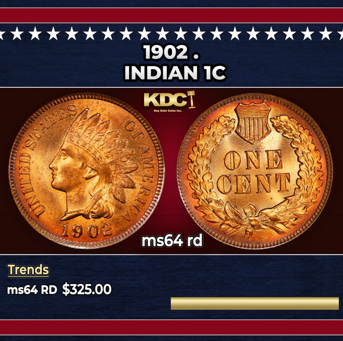 1902 Indian Cent . 1c Grades ms64 rd: 1902 . Indian Cent 1c Grades ms64 rd. Historic precious metal trends is causing increased spot pricing by the day. On auctions with set openings, we are doing our best to have items priced at their ma