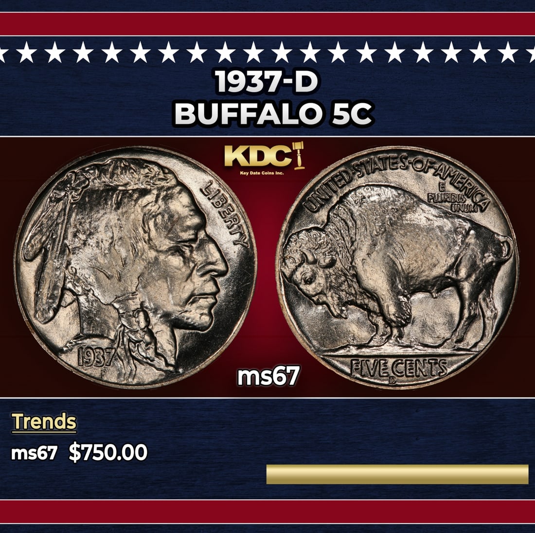1937-d Buffalo Nickel 5c ms67 SEGS: 1937-d Buffalo Nickel 5c ms67 SEGS. Historic precious metal trends is causing increased spot pricing by the day. On auctions with set openings, we are doing our best to have items priced at their mark