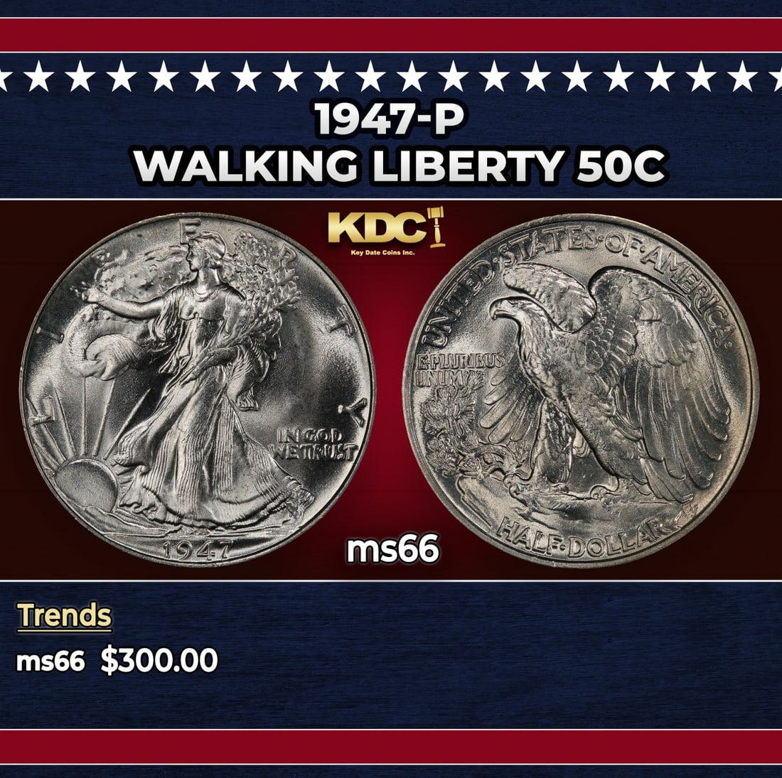 1947-p Walking Liberty Half Dollar 50c Grades ms66: 1947-p Walking Liberty Half Dollar 50c Grades ms66. Historic precious metal trends is causing increased spot pricing by the day. On auctions with set openings, we are doing our best to have items pric