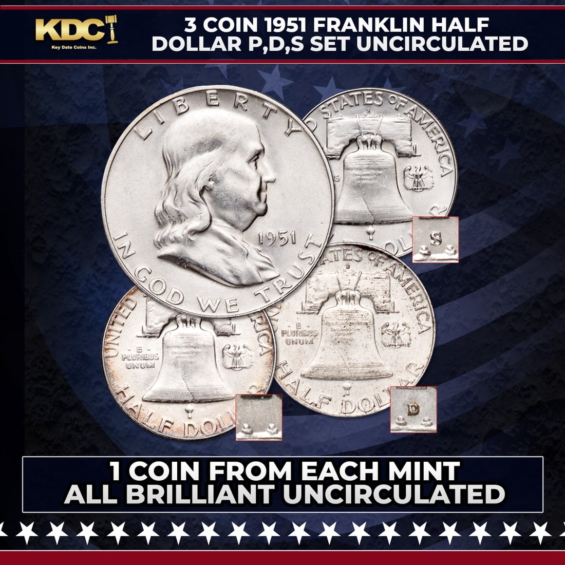 3 Coin 1951 Franklin Half Dollar P,D,S Set Uncirculated: 3 Coin 1951 Franklin Half Dollar P,D,S Set Uncirculated. Add a PDS All Mint Set of 1951 Franklin half dollars to your collection in desirable Uncirculated condition. You'll receive coins from all thre