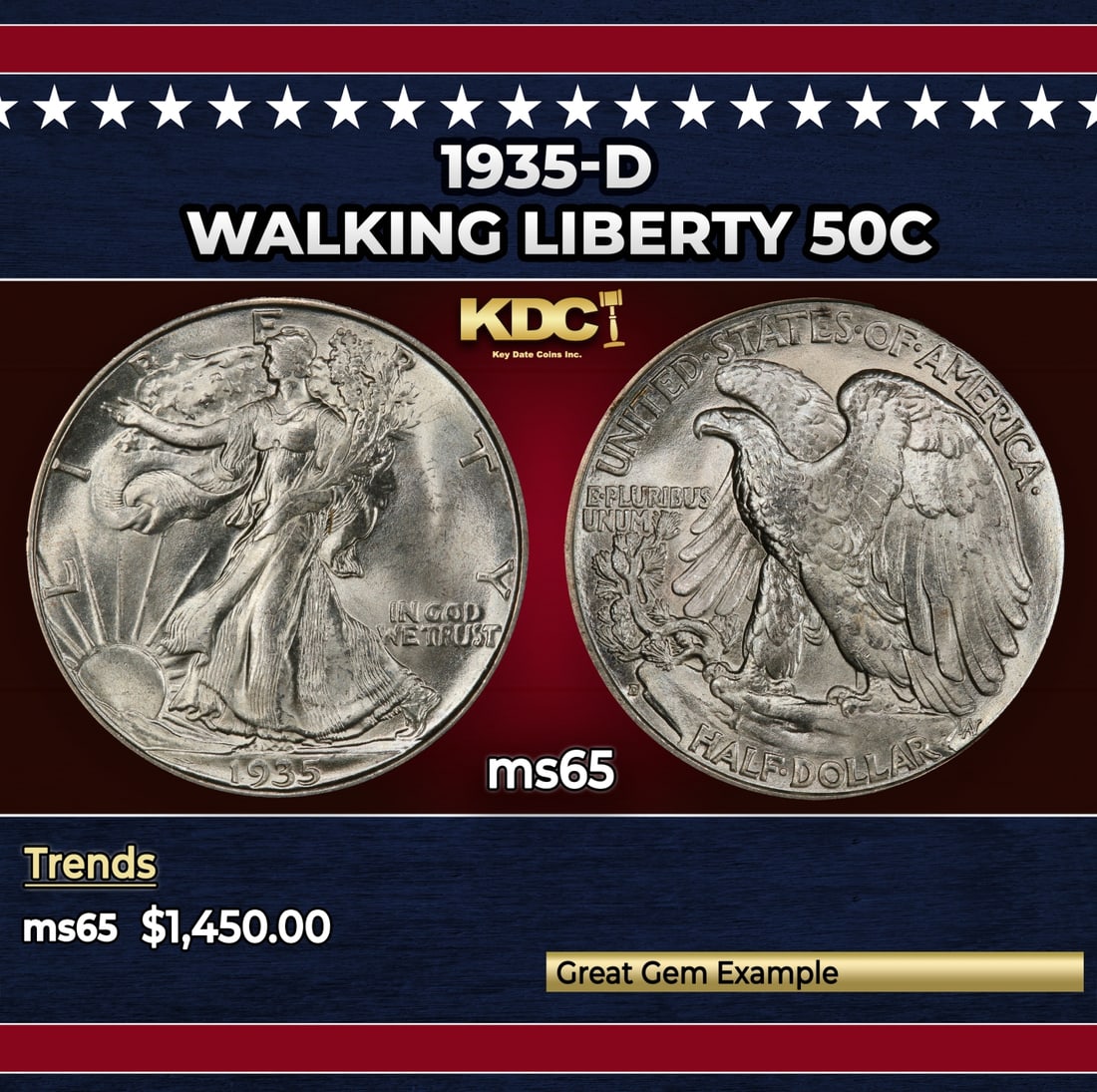 1935-d Walking Liberty Half Dollar 50c ms65 SEGS: 1935-d Walking Liberty Half Dollar 50c ms65 SEGS. Historic precious metal trends is causing increased spot pricing by the day. On auctions with set openings, we are doing our best to have items priced