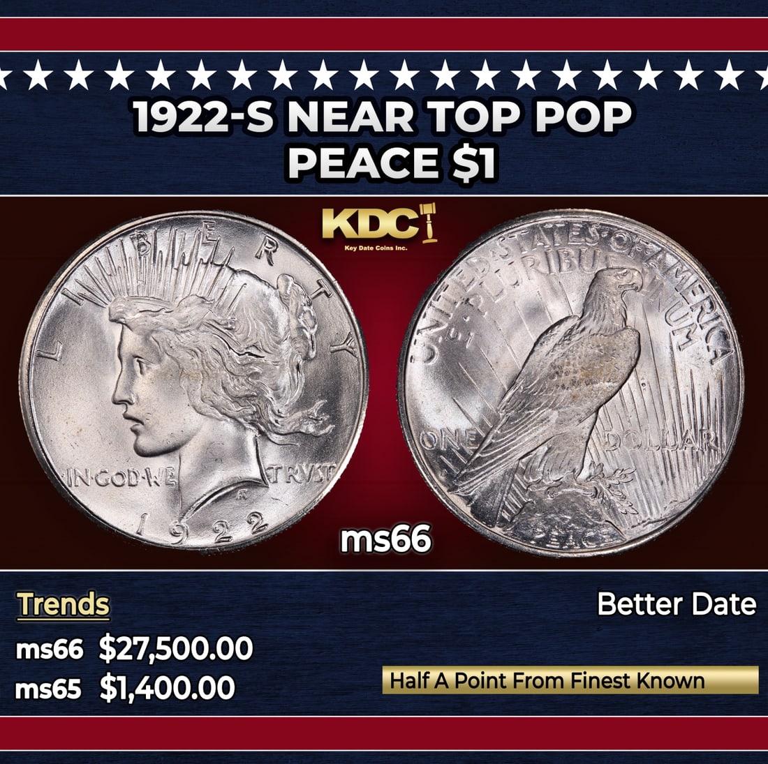 1922-s Peace Dollar Near Top Pop $1 ms66 SEGS: 1922-s Near Top Pop Peace Dollar $1 ms66 SEGS. Historic precious metal trends is causing increased spot pricing by the day. On auctions with set openings, we are doing our best to have items priced at