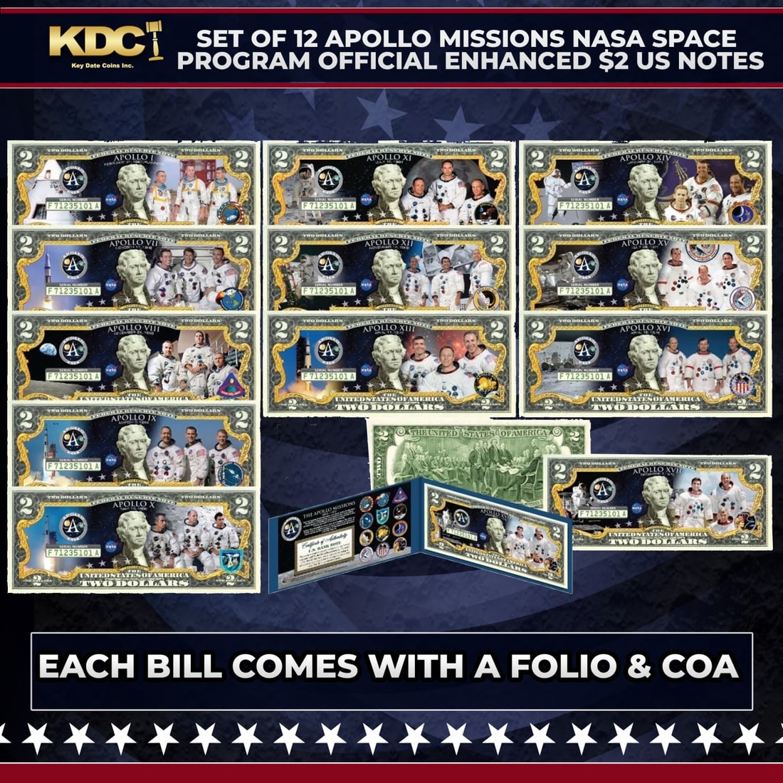 Set of 12 Apollo Missions NASA Space Program Official Enhanced $2 US Notes Other Toy: Set of 12 Apollo Missions NASA Space Program Official Enhanced $2 US Notes. The most extensive Apollo Missions currency collection ever assembled. You will receive all 12 bills as pictured, including