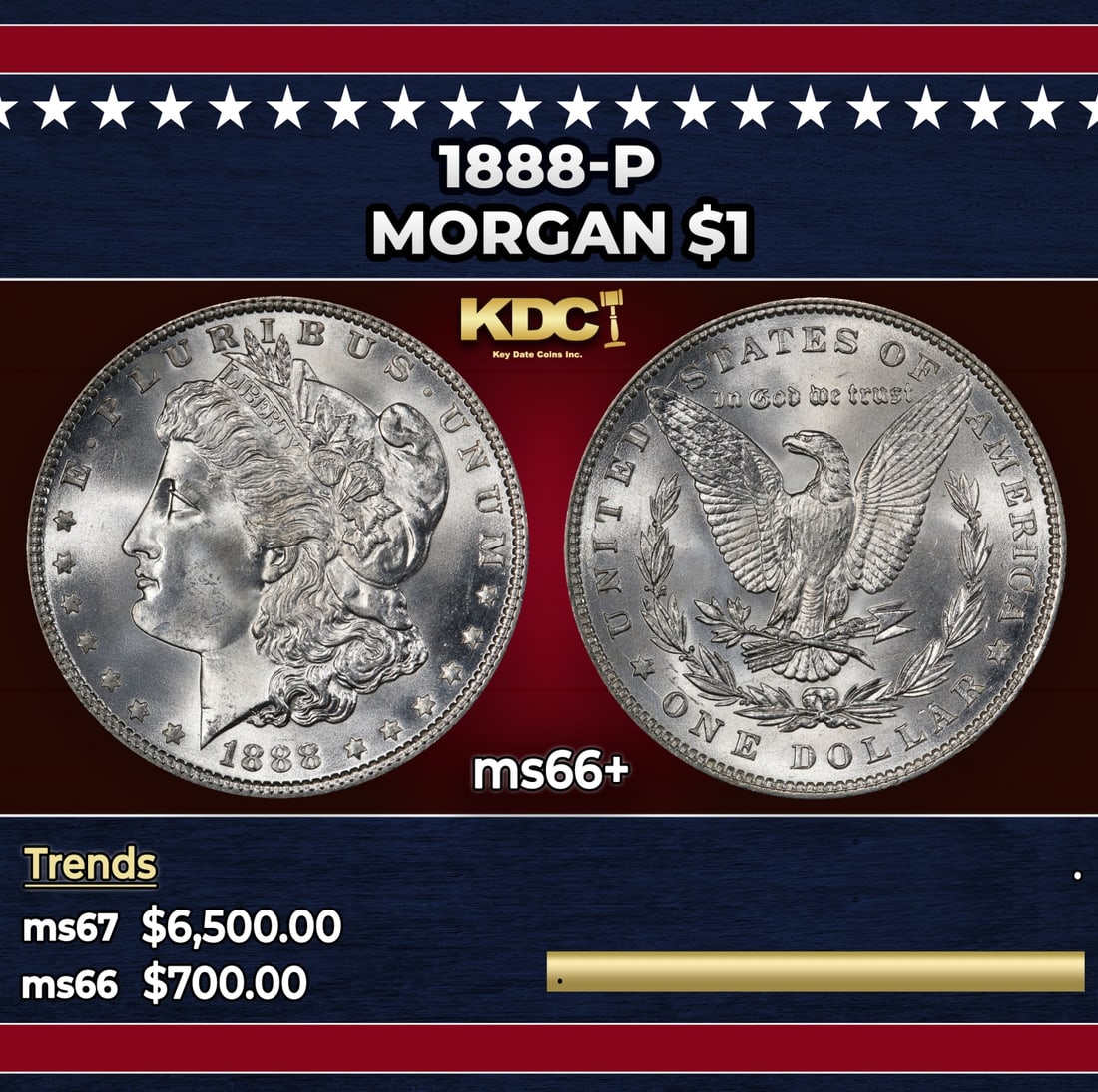 1888-p Morgan Dollar $1 ms66+ SEGS: 1888-p Morgan Dollar $1 ms66+ SEGS. Historic precious metal trends is causing increased spot pricing by the day. On auctions with set openings, we are doing our best to have items priced at their mark