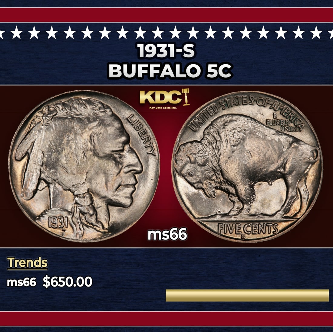 1931-s Buffalo Nickel 5c Grades ms66: 1931-s Buffalo Nickel 5c Grades ms66. Historic precious metal trends is causing increased spot pricing by the day. On auctions with set openings, we are doing our best to have items priced at their ma