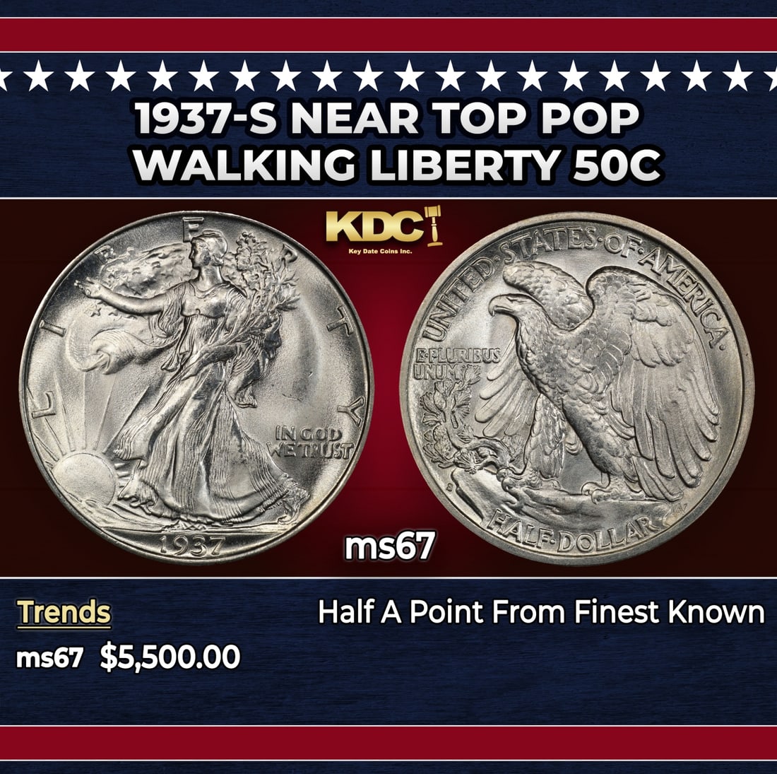 1937-s Walking Liberty Half Dollar Near Top Pop 50c ms67 SEGS: 1937-s Near Top Pop Walking Liberty Half Dollar 50c ms67 SEGS. Historic precious metal trends is causing increased spot pricing by the day. On auctions with set openings, we are doing our best to have