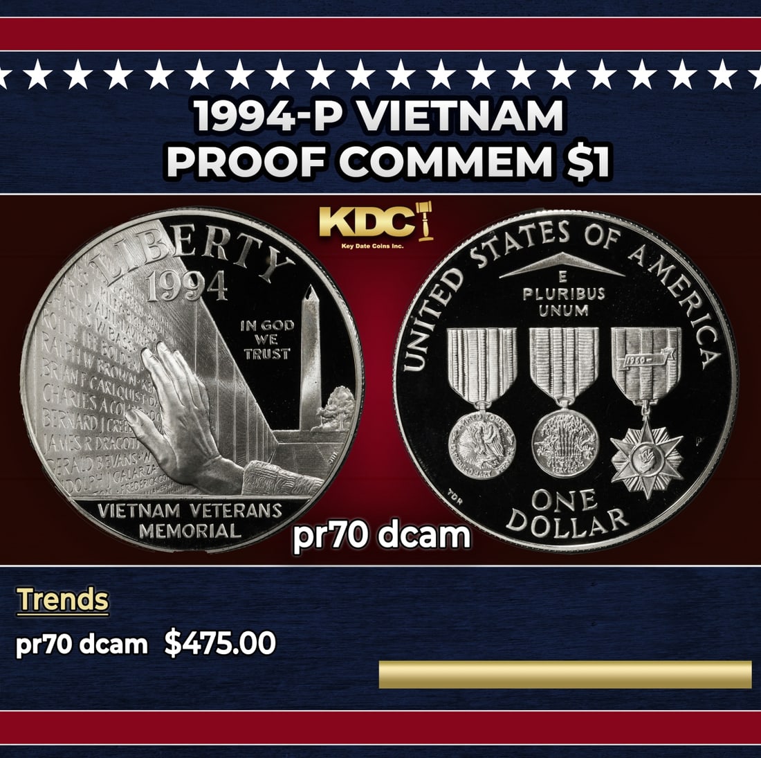 1994-P Vietnam Proof Modern Commem Dollar $1 pr70 dcam SEGS: 1994-P Vietnam Modern Commem Dollar $1 pr70 dcam SEGS. Historic precious metal trends is causing increased spot pricing by the day. On auctions with set openings, we are doing our best to have items p