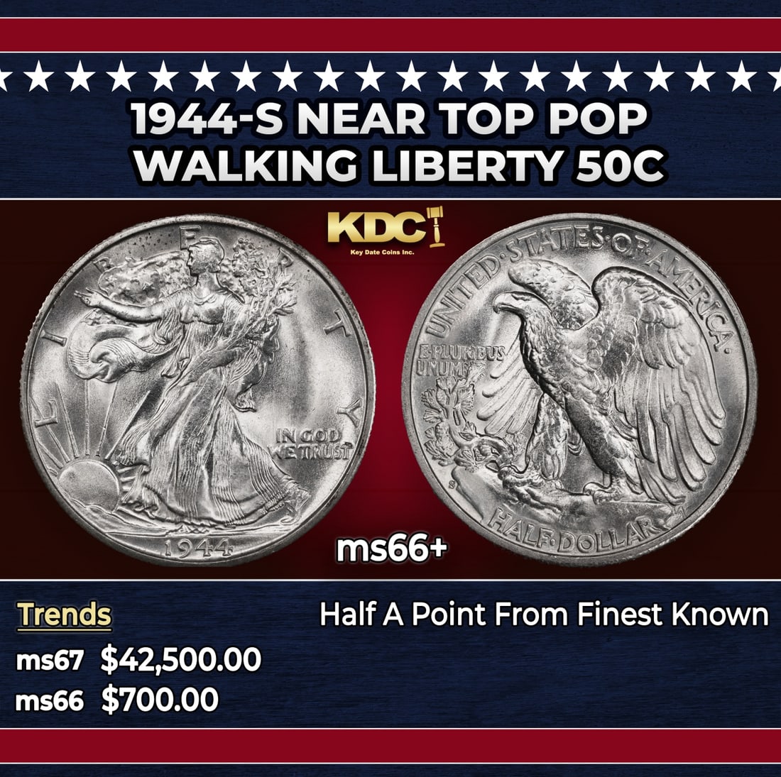 1944-s Walking Liberty Half Dollar Near Top Pop 50c ms66+ SEGS: 1944-s Near Top Pop Walking Liberty Half Dollar 50c ms66+ SEGS. Historic precious metal trends is causing increased spot pricing by the day. On auctions with set openings, we are doing our best to hav
