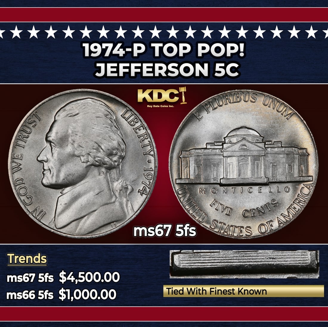 1974-p Jefferson Nickel TOP POP! 5c ms67 5fs SEGS: 1974-p TOP POP! Jefferson Nickel 5c ms67 5fs SEGS. Historic precious metal trends is causing increased spot pricing by the day. On auctions with set openings, we are doing our best to have items price