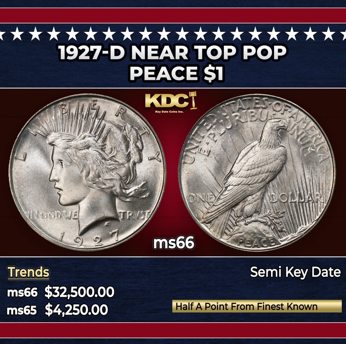 1927-d Peace Dollar Near Top Pop $1 ms66 SEGS: 1927-d Near Top Pop Peace Dollar $1 ms66 SEGS. Historic precious metal trends is causing increased spot pricing by the day. On auctions with set openings, we are doing our best to have items priced at