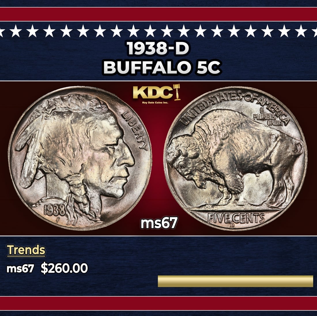 1938-d Buffalo Nickel 5c ms67 SEGS: 1938-d Buffalo Nickel 5c ms67 SEGS. Historic precious metal trends is causing increased spot pricing by the day. On auctions with set openings, we are doing our best to have items priced at their mark