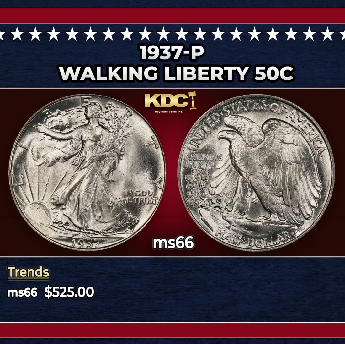 1937-p Walking Liberty Half Dollar 50c Grades ms66: 1937-p Walking Liberty Half Dollar 50c Grades ms66. Historic precious metal trends is causing increased spot pricing by the day. On auctions with set openings, we are doing our best to have items pric