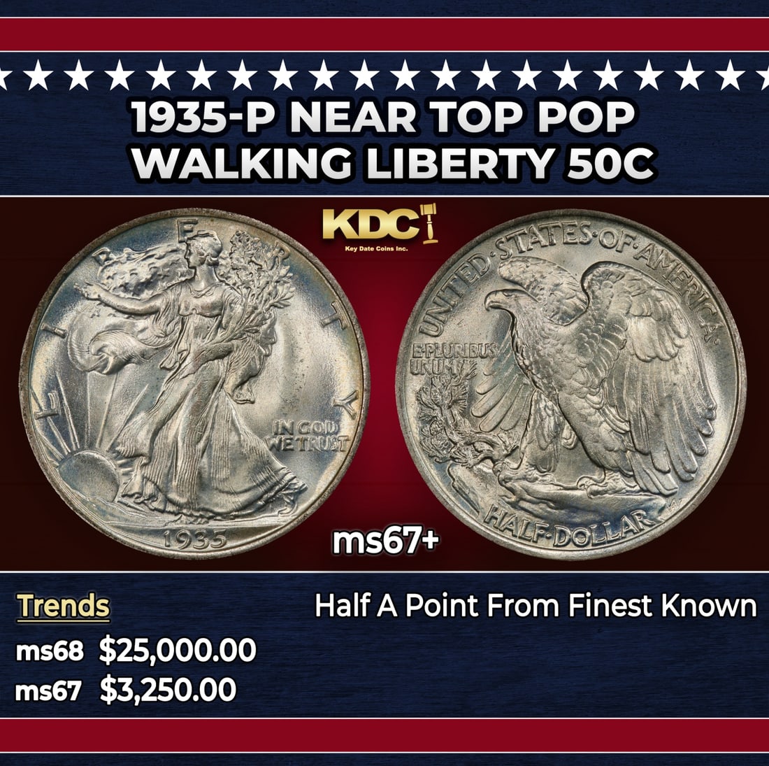 1935-p Walking Liberty Half Dollar Near Top Pop 50c ms67+ SEGS: 1935-p Near Top Pop Walking Liberty Half Dollar 50c ms67+ SEGS. Historic precious metal trends is causing increased spot pricing by the day. On auctions with set openings, we are doing our best to hav