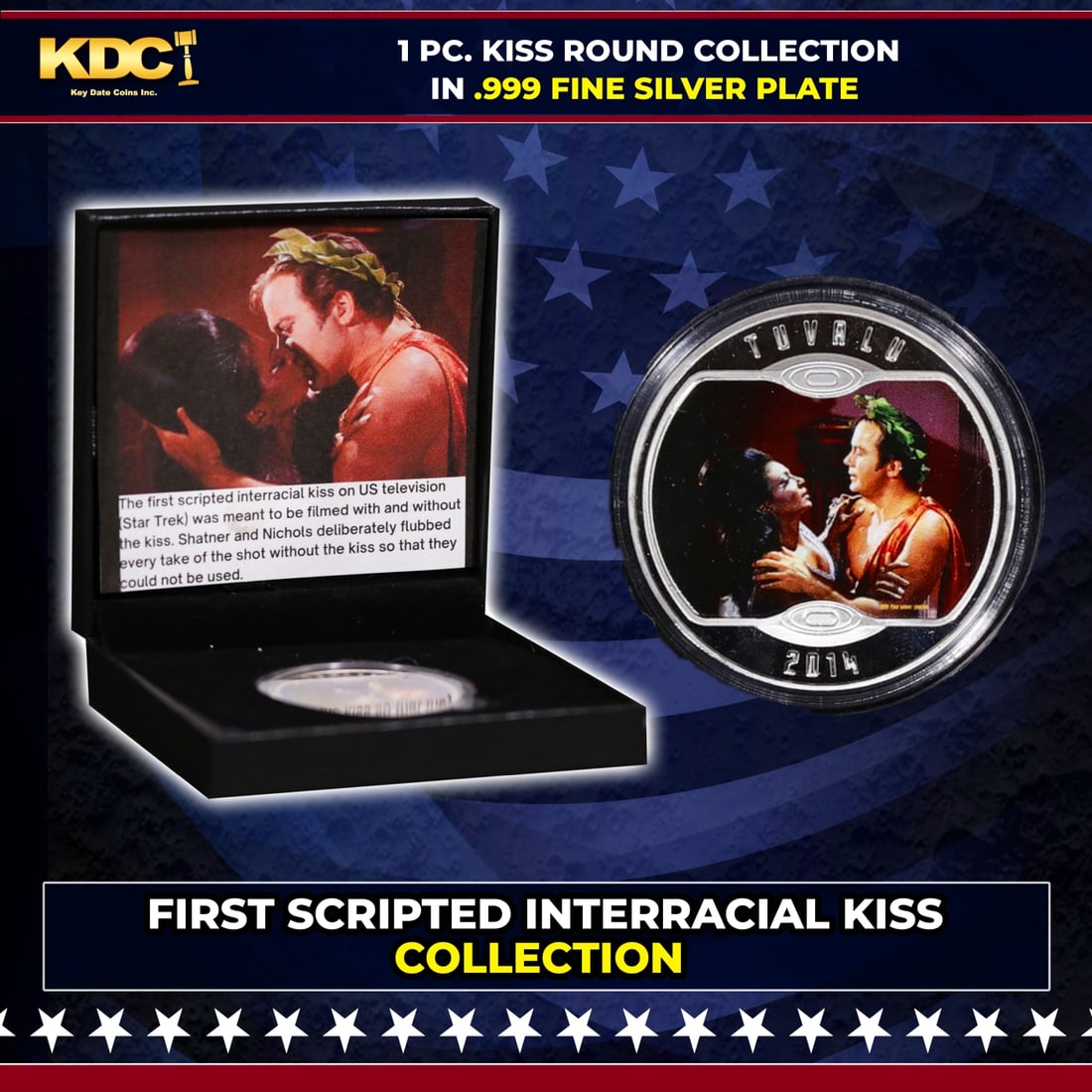 1 PC. Star Trek (The Kiss) Silver Plated Round Collection In Custom Box W/ Special Backer card: 1 PC. Star Trek (The Kiss) Silver Plated Round Collection In Custom Box W/ Special Backer card. Please Note All Backer Cards may have slight differences but will be very similar if not identical to th