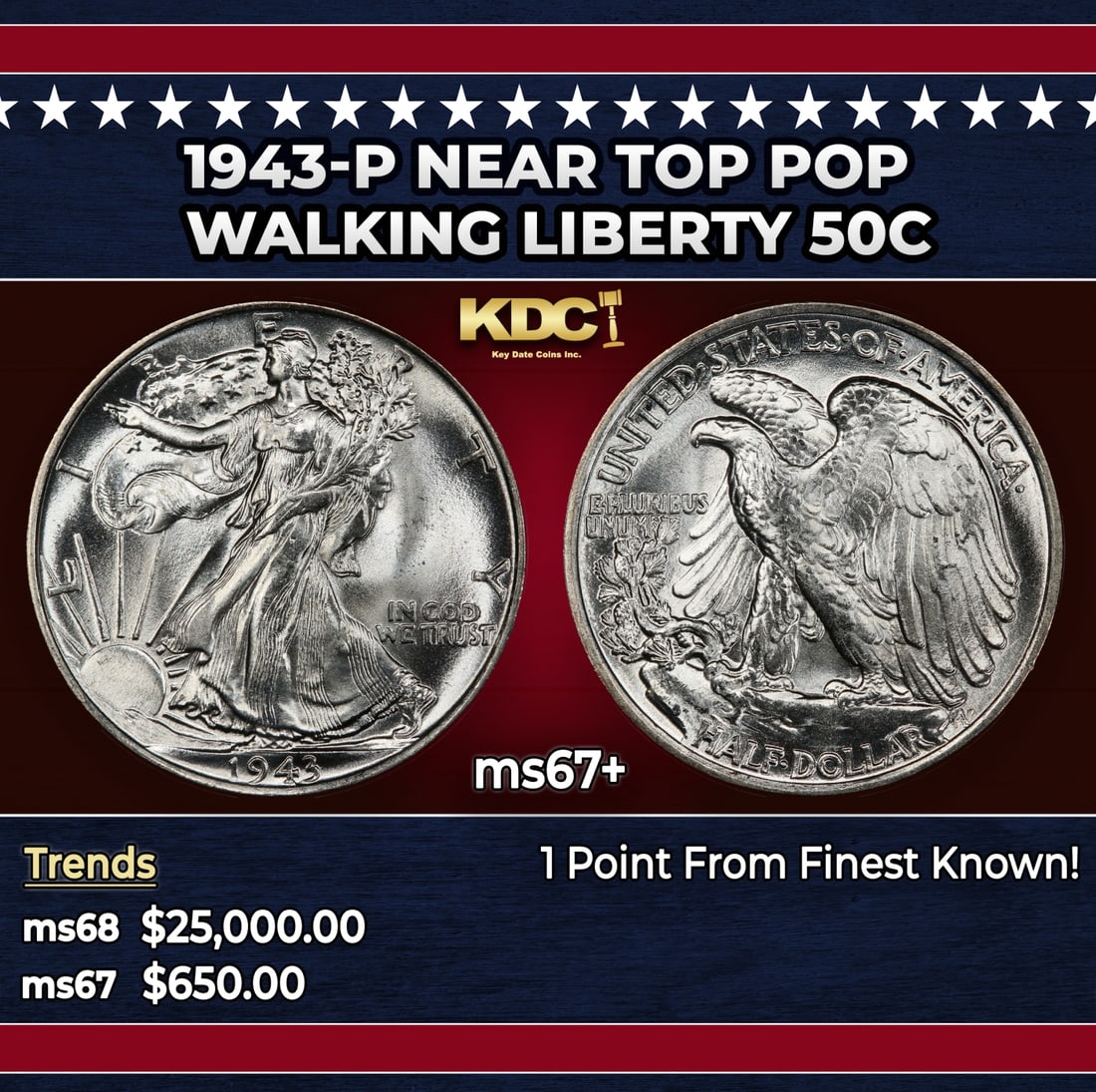 1943-p Walking Liberty Half Dollar Near Top Pop 50c ms67+ SEGS: 1943-p Near Top Pop Walking Liberty Half Dollar 50c ms67+ SEGS. Historic precious metal trends is causing increased spot pricing by the day. On auctions with set openings, we are doing our best to hav