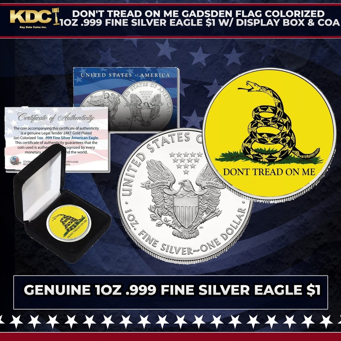 Don't Tread On Me Gadsden Flag Colorized 1oz .999 Fine Silver Eagle $1 w/ Display Box & COA Other: Don't Tread On Me Gadsden Flag Colorized 1oz .999 Fine Silver Eagle $1 w/ Display Box & COA. Take advantage of this chance to own a stunning Gadsden Flag "Don't Tread On Me" colorized American Silver