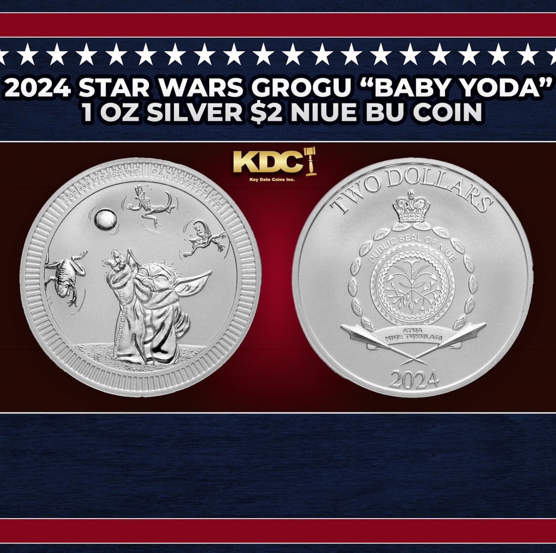 2024 Star Wars Grogu "Baby Yoda" 1 oz Silver $2 Niue BU Coin Round: 2024 Star Wars Grogu "Baby Yoda" 1 oz Silver $2 Niue BU Coin. Grogu (aka "Baby Yoda") returns for this annual Silver coin release! These highly popular coins featuring a most adored character from the