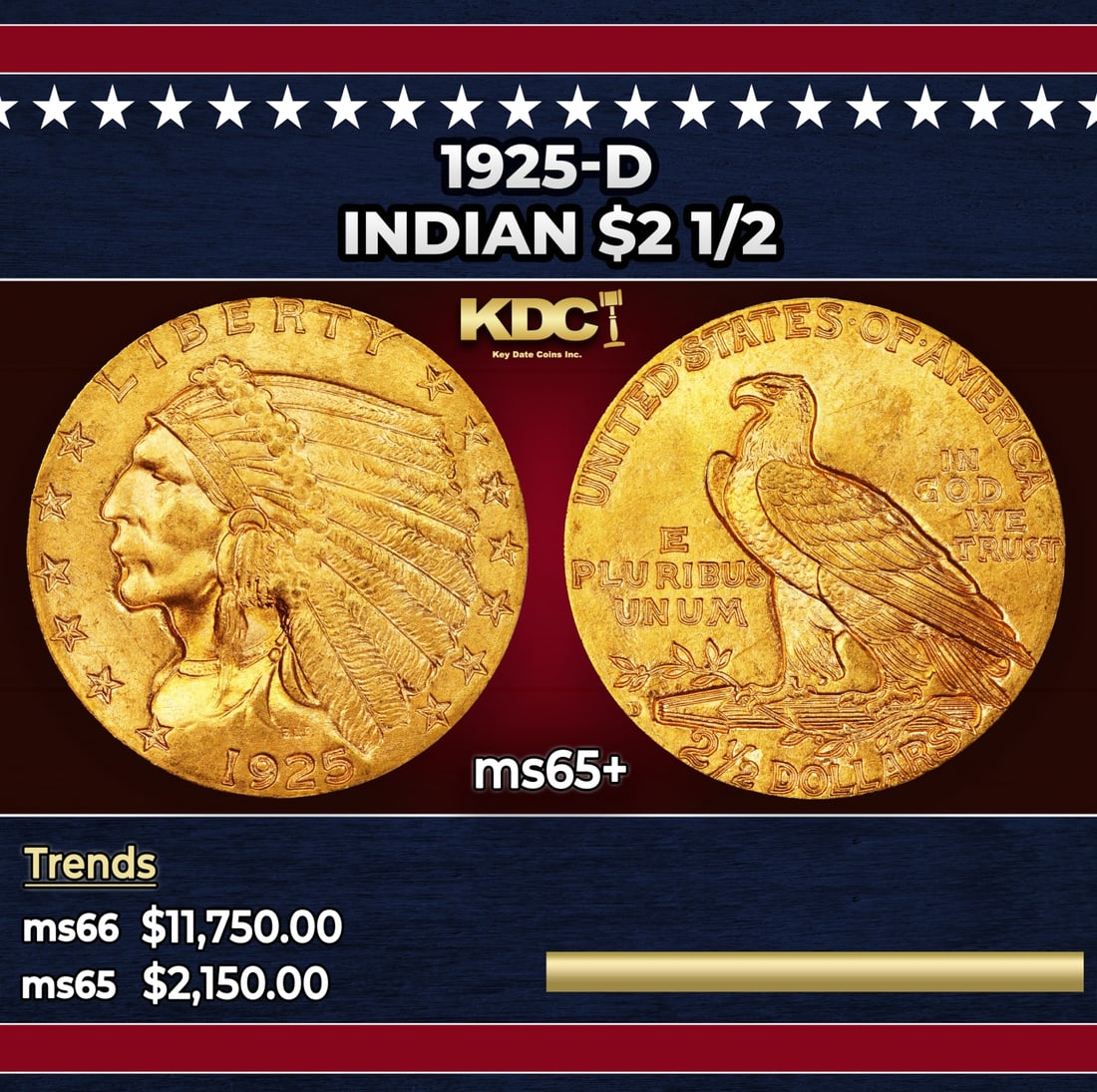 1925-d Gold Indian Quarter Eagle $2 1/2 ms65+ SEGS: 1925-d Gold Indian Quarter Eagle $2 1/2 ms65+ SEGS. Historic precious metal trends is causing increased spot pricing by the day. On auctions with set openings, we are doing our best to have items pric