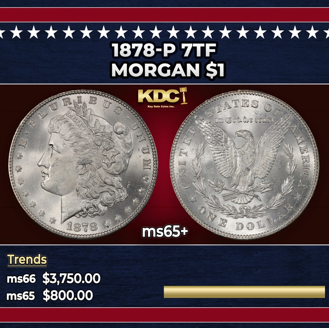 1878-p 7tf Morgan Dollar $1 ms65+ SEGS: 1878-p 7tf Morgan Dollar $1 ms65+ SEGS. Historic precious metal trends is causing increased spot pricing by the day. On auctions with set openings, we are doing our best to have items priced at their