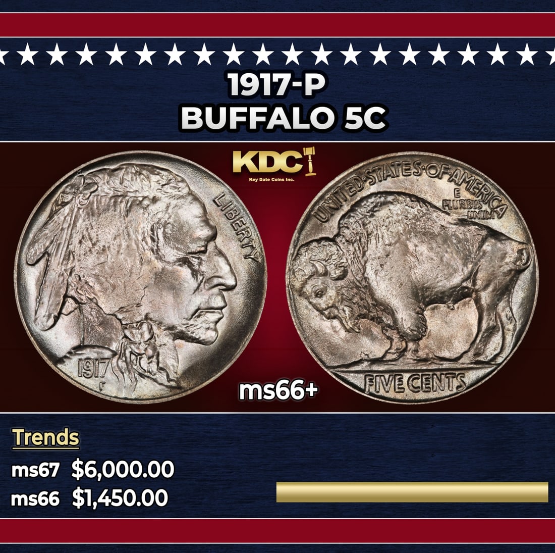 1917-p Buffalo Nickel 5c ms66+ SEGS: 1917-p Buffalo Nickel 5c ms66+ SEGS. Historic precious metal trends is causing increased spot pricing by the day. On auctions with set openings, we are doing our best to have items priced at their mar
