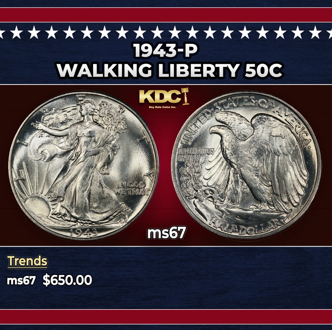 1943-p Walking Liberty Half Dollar 50c ms67 SEGS: 1943-p Walking Liberty Half Dollar 50c ms67 SEGS. Historic precious metal trends is causing increased spot pricing by the day. On auctions with set openings, we are doing our best to have items priced