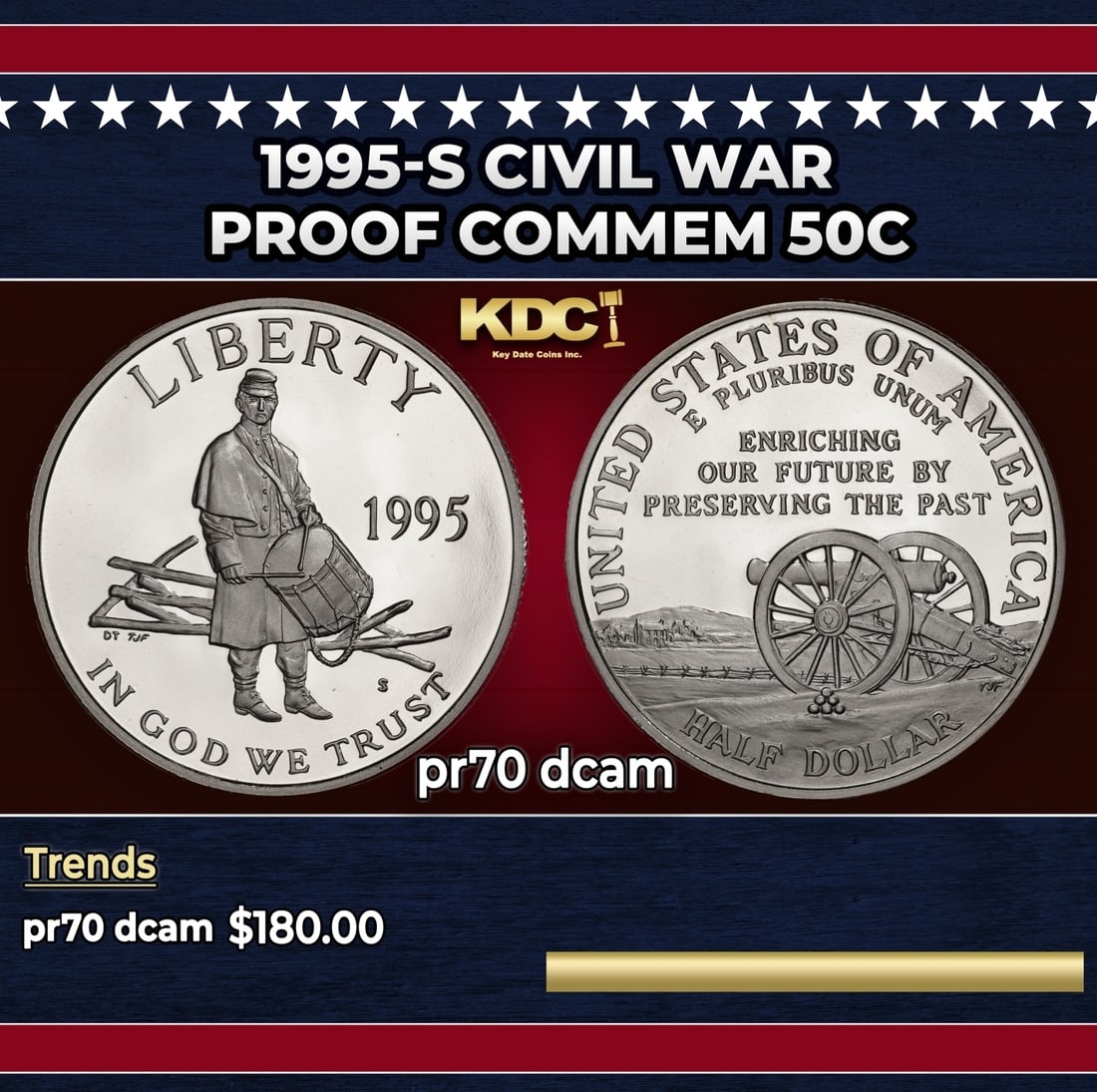 1995-S Civil War Proof Modern Commem Half Dollar 50c pr70 dcam SEGS: 1995-S Civil War Modern Commem Half Dollar 50c pr70 dcam SEGS. Historic precious metal trends is causing increased spot pricing by the day. On auctions with set openings, we are doing our best to have